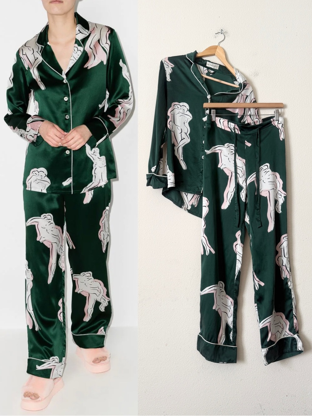 Olivia Von Halle SMALL 100% silk Lila Waltz print pajama set in green